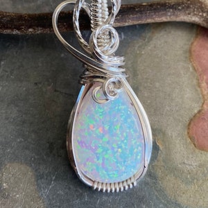 Sterling Silver White Opal Necklace: Wire Wrapped Teardrop Pendant