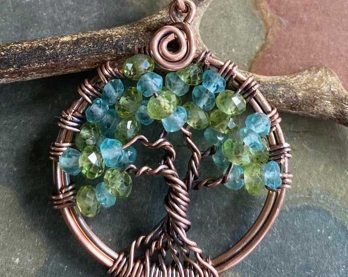 READY ship, Peridot/Apatite Tree of Life Necklace, Amethyst Tree of Life Necklace, Wire Wrapped Peridot Apatite Necklace,Blue/Green Necklace