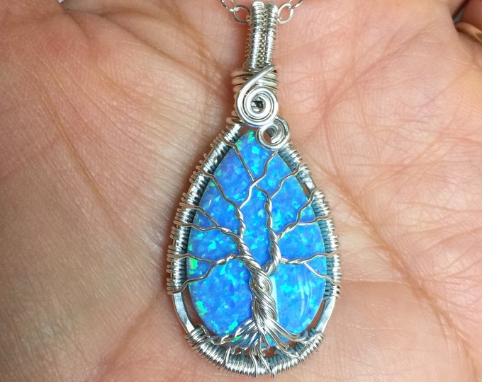 Blue Opal Necklace sterling silver,Wire Wrapped Synthetic Blue Opal Tree of Life Necklace,October Birthstone,Opal Jewelry,Blue Opal Earrings