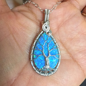 Blue Opal Necklace sterling silver,Wire Wrapped Synthetic Blue Opal Tree of Life Necklace,October Birthstone,Opal Jewelry,Blue Opal Earrings image 1