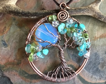 Opalite Full Moon Tree of Life Necklace in Antiqued copper,Wire Wrapped Full Moon Tree of Life, Family Tree of Life Necklace,, Moon tree