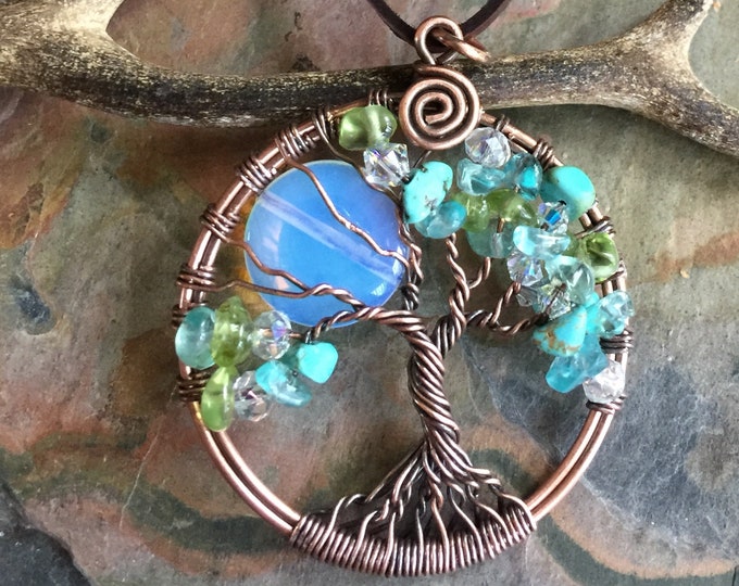 Opalite Full Moon Tree of Life Necklace in Antiqued copper,Wire Wrapped Full Moon Tree of Life, Family Tree of Life Necklace,, Moon tree