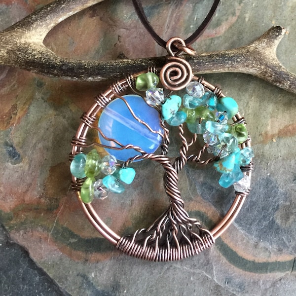 Opalite Full Moon Tree of Life Necklace in Antiqued copper,Wire Wrapped Full Moon Tree of Life, Family Tree of Life Necklace,, Moon tree