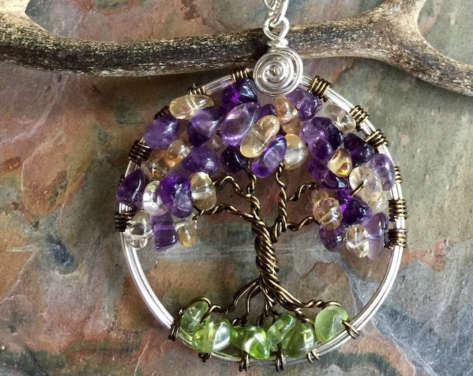 Tree of Life  Necklace,Custom Tree of Life-Amethyst/Citrine/Peridot Gemstone Tree of Life Pendant,February/November/August Birthstones