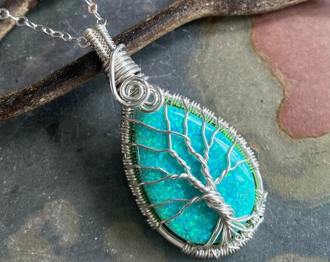 Ready Ship in 1 to 2 days, Aqua Blue  Opal Necklace, Lab Created Opal Tree of Life Jewelry,  October Birthstone Jewelry,