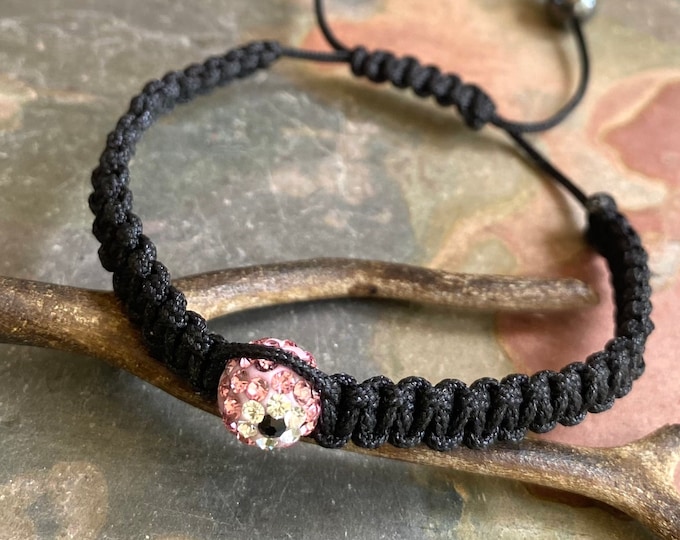 Evil Eye Bracelet in Macrame with Crystals & Hematite beads. Adjustable Evil Eye Bracelet, Bling Pink Crystal Evil eye Bracelet, Macrame