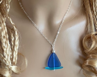 Sterling Silver Sailboat Necklace with chain,Beach Glass Necklace, Cobalt Blue Sea Glass Necklace,Beach Weddings,Bridesmaid Necklace/jewelry