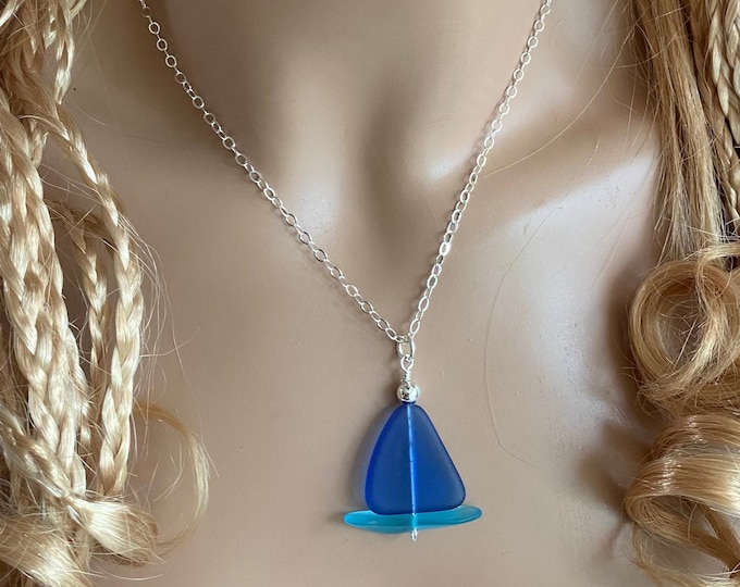 Sterling Silver Sailboat Necklace with chain,Beach Glass Necklace, Cobalt Blue Sea Glass Necklace,Beach Weddings,Bridesmaid Necklace/jewelry