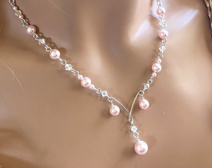 Sterling silver Bridal Pink Pearl And Crystal Necklace,Bridesmaid Necklace, Grey/Gray  Pearl Crystal Necklace, Wired Pearl Crystal Necklace,