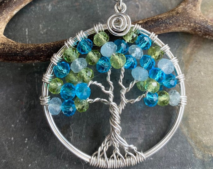 Blue Topaz, Aquamarine, Peridot Necklace, Tree of Life Necklace, Blue Topaz Aquamarine Family Birthstone Tree of Life Necklace