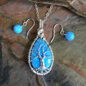 Blue Opal Necklace sterling silver,Wire Wrapped Synthetic Blue Opal Tree of Life Necklace,October Birthstone,Opal Jewelry,Blue Opal Earrings image 5