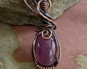 Handmade Ruby Pendant Necklace: Antiqued Copper Wire Wrapped Jewelry