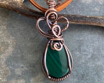 Handmade Wire Wrapped Malachite Necklace in Antiqued Copper, May Birthstone Green Malachite Pendant Necklace, Malachite Jewelry