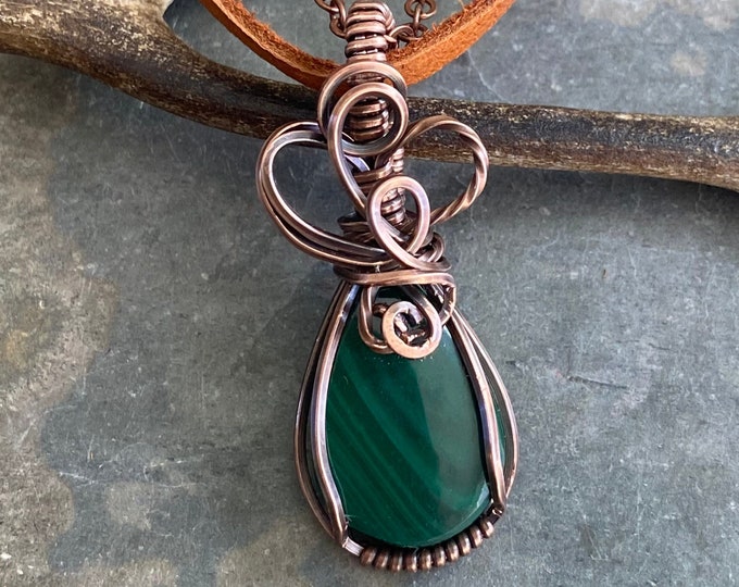 Handmade Wire Wrapped Malachite Necklace in Antiqued Copper, May Birthstone Green Malachite Pendant Necklace, Malachite Jewelry