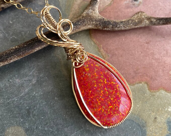 READY to SHIP in 1 TO 2 Days,Red Opal Necklace in Gold Filled, Valentine's Day Gift, Wire Wrapped Simulated Red Opal Necklace,Gifts for Her