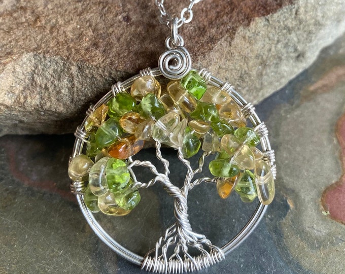Autumn Tree, Citrine Necklace,Citrine/Peridot Tree of Life Necklace, Fall Tree of Life Citrine/Peridot Pendant,November Birthstone Necklace,