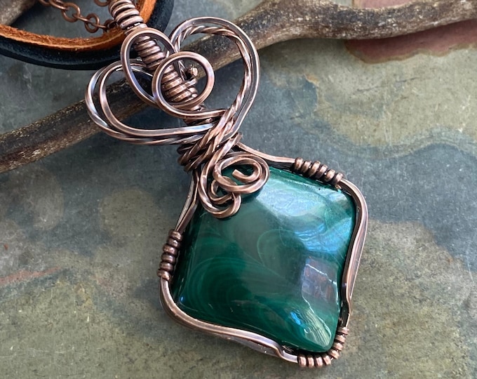 READY SHIP in 1 to 2 days, Wire Wrapped Malachite Necklace,Malachite Pendant Necklace, Green Pendant Necklace, Christmas Jewelry gift