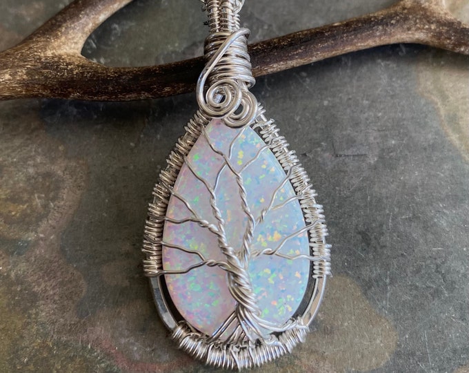 READY Ship in 1 to 2 days,STERLING SILVER White Opal Necklace, Mother's day Gift, October Birthstone Necklace,Opal Tree of Life Necklace