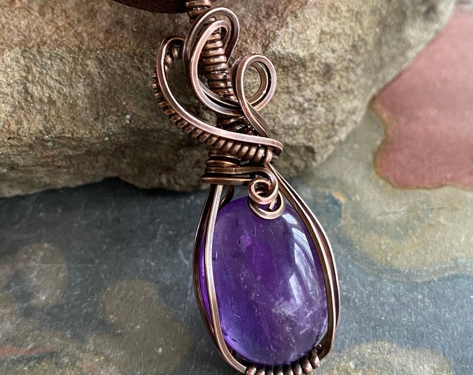 Amethyst Necklace, Wire Wrapped Amethyst Necklace in Antiqued Copper, February Birthstone Necklace, Purple Necklace, Gifts for Her, Healing