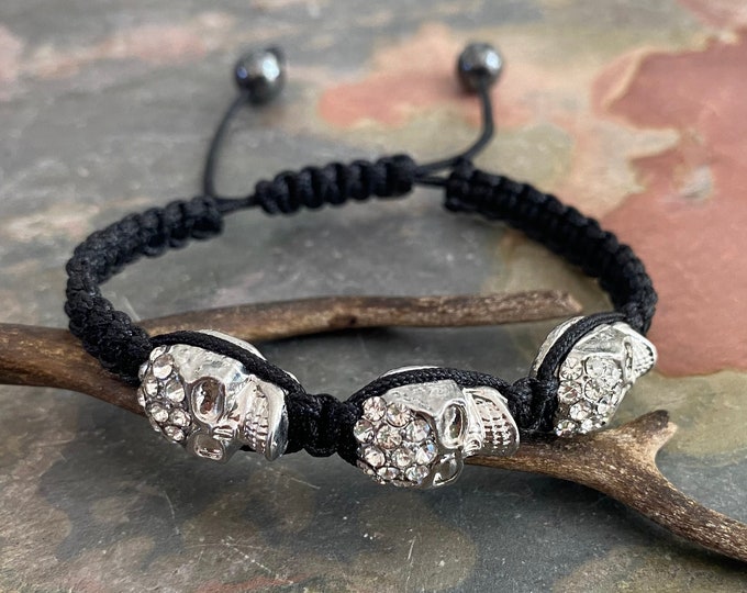 Halloween Bracelet, Skull Head Bracelet in Macrame,  Crystals & Hematite Bracelet, Adjustable  Bling Crystal Skull Head Bracelet