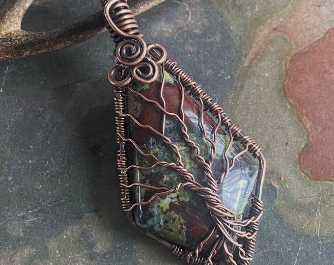 Wire Wrapped Dragon Bloodstone Tree of Life Copper Necklace,Dragon Bloodstone Tree of Life Pendant, Dragon Bloodstone Pendant Necklace,