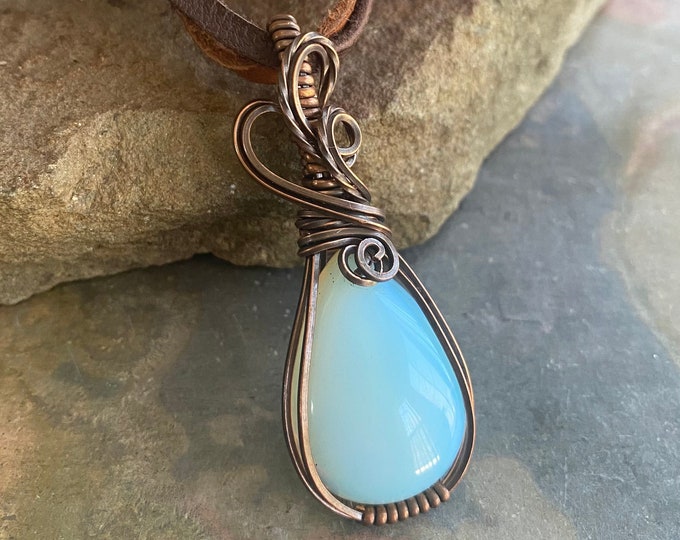 Opalite Pendant Necklace, Wire Wrapped Blue Opalite Pendant in Copper, Wire Wrapped Jewelry, Blue Opalite  Necklace in Copper