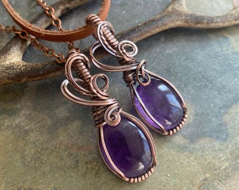 Amethyst Necklace,Wire Wrapped Amethyst Necklace in Antiqued Copper,Wire wrapped Raw Amethyst Necklace, February Birthstone, Valentine Gift