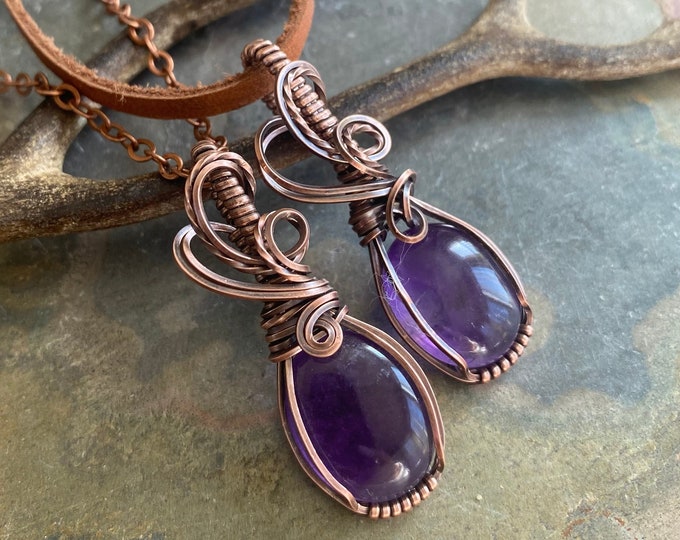 Amethyst Necklace,Wire Wrapped Amethyst Necklace in Antiqued Copper,Wire wrapped Raw Amethyst Necklace, February Birthstone, Valentine Gift