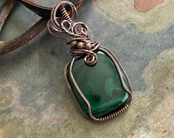 READY SHIP in 1 to 2 days, Wire Wrapped Malachite Necklace,Malachite Pendant Necklace, Green Pendant Necklace, Christmas Jewelry gift