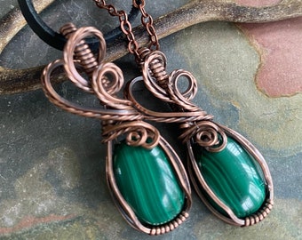 May Birthstone Necklace, Wire Wrapped May Birthstone Jewelry, Malachite Necklace, Wired Malachite Copper Necklace, Gifts for Her,