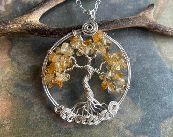 Citrine Tree of Life Necklace with .925 Sterling Silver Chain-Wire Wrapped Citrine Tree of life Necklace, November  Birthstone Tree of Life