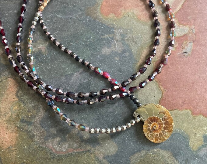 AMMONITE Fossil beaded Long Necklace, Ammonite Fossil Jewlry,