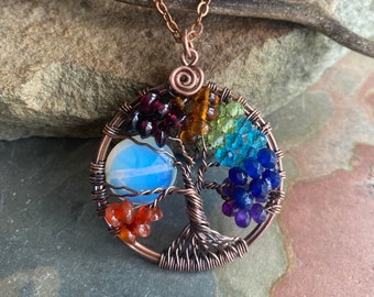 7 Chakras Opalite Moon Tree of Life Necklace in Antiqued Copper,Wire Wrapped Moon Tree of Life, Chakras  Tree of Life, Custom Family Tree