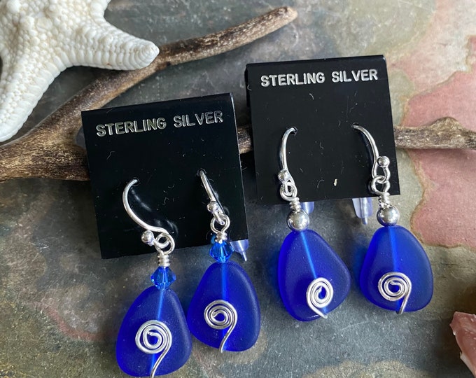 Blue Sea Glass Earrings, Cobalt Blue Sea Glass Earrings in STERLING SILVER, Beach Weddings, Beach Glass Jewelry, Cobalt Sea glass Earrings,