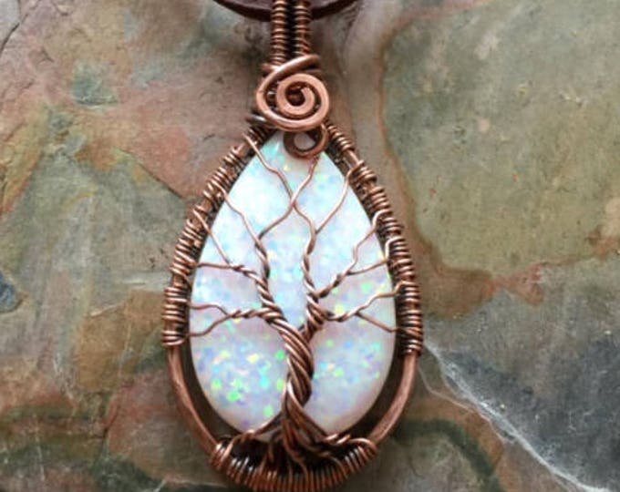 Opal Pendant Necklace in Antiqued Copper,Simulated White Opal Tree of Life Necklace Copper wire,Synthetic Opal Tree of Life,Mothers Day Gift