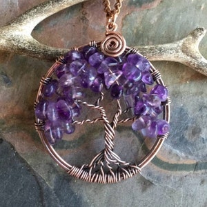 Amethyst Necklace,Amethyst Tree of Life Necklace,Wire Wrapped Amethyst Tree of Life Pendant in Antiqued Copper,February Birthstone