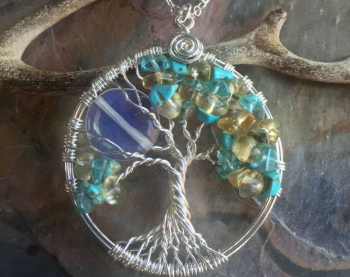 STERLING SILVER Custom Citrine/Turquoise Moon Tree of Life Necklace,Wire Wrapped Family Tree of life Necklace,November/December Birthstone