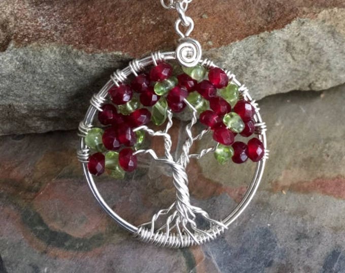 Garnet/Peridot Tree of Life Sterling Silver Necklace,Wire Wrapped Garnet Necklace,January Birthstone Necklace,Garnet Necklace,Peridot
