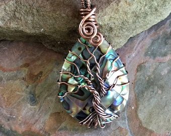 Abalone Necklace, Wire Wrapped Abalone Pendant,FRAMELESS Abalone Tree of Life Necklace  Leather,Abalone Necklace Copper,Paua Shell Jewelry