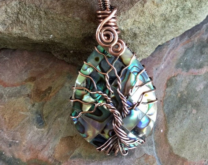 Abalone Necklace, Wire Wrapped Abalone Pendant,FRAMELESS Abalone Tree of Life Necklace  Leather,Abalone Necklace Copper,Paua Shell Jewelry