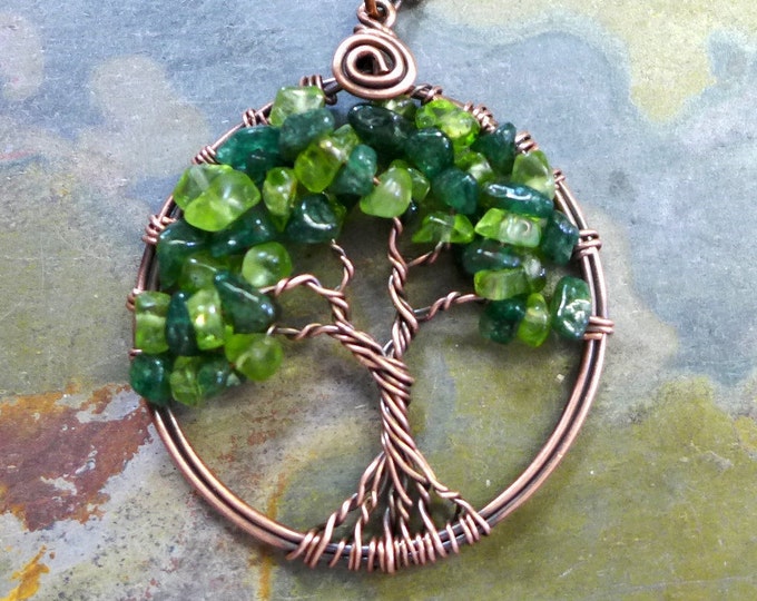 Peridot Tree of Life Copper Necklace,Peridot/Dark Jade Tree of Life Antiqued Copper Pendant,Wire Wrapped August Birthstone Tree of Life