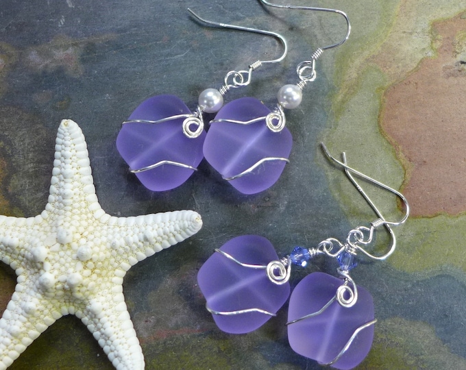 Periwinkle Sea Glass Earrings in Sterling Silver Earwires-Lavender Recycled Glass Earrings Glass Earrings, Beach Weddings,Sea Glass earrings