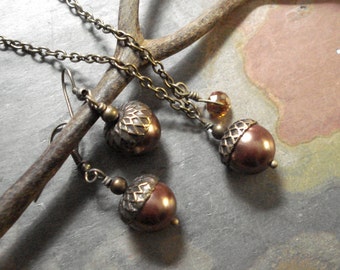 Acorn Mocha Brown Brass Necklace and  Earring Set -  Fall Autumn Nature inspired