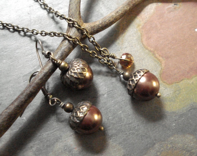 Acorn Mocha Brown Brass Necklace and  Earring Set -  Fall Autumn Nature inspired