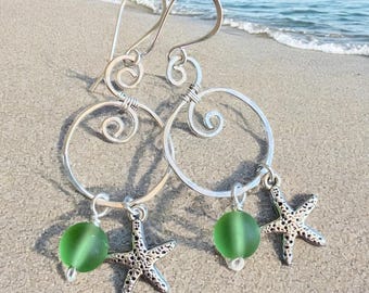 Spiral Sea Glass Earrings with Starfish Silver Charm, Spiral Dangle Earrings, Spiral Green Sea Glass Nautical Earrings, Ocean Theme Earrings