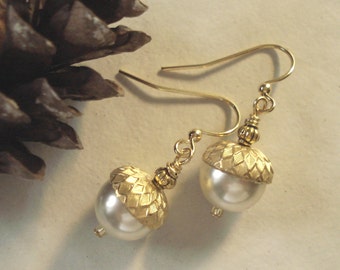 Acorn PaleCream/Ivory Pearl Gold  Earrings ONLY, Bridal/Wedding Pale Cream/Ivory Acorn Earrings, Acorn Gold Earrings