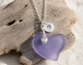 Sea Glass Heart Necklace, Personalized Lavender Sterling Silver Initial Charm, Periwinkle Beach Jewelry