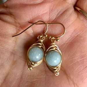 Aquamarine Earrings Sterling Silver,Wire Wrapped Herringbone Aquamarine Earrings,Aquamarine Dangle Earrings,March Birthstone earrings Gold image 9