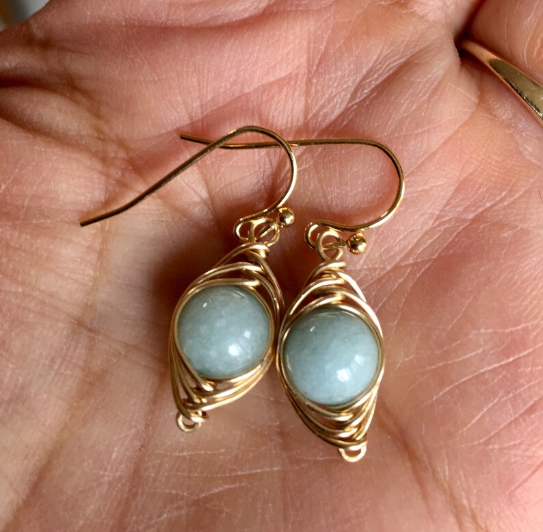 Aquamarine Earrings Sterling Silver,Wire Wrapped Herringbone Aquamarine Earrings,Aquamarine Dangle Earrings,March Birthstone earrings Gold image 9