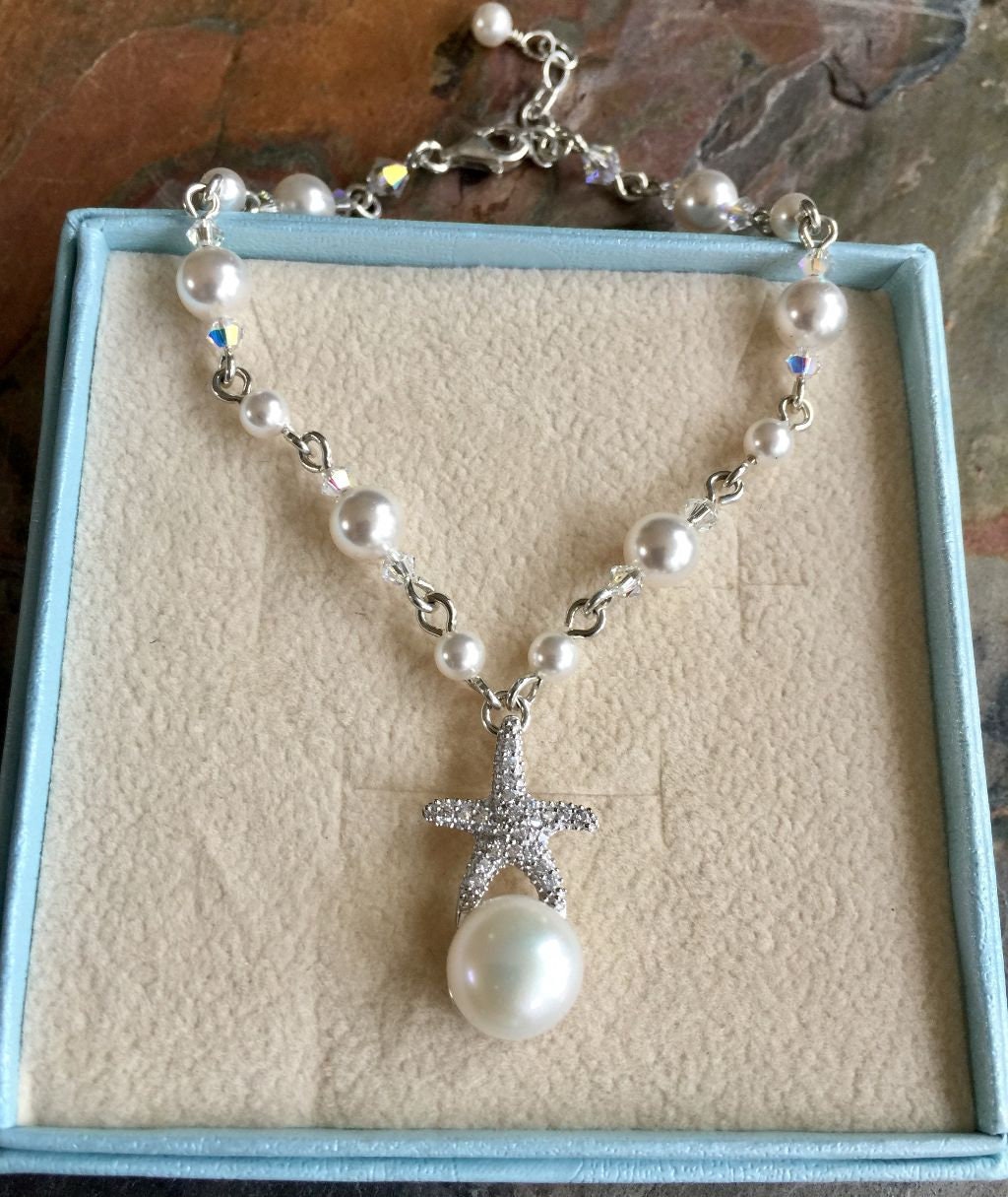 Starfish Pearl Charm Necklace, Beach Theme Crystal Pearl Necklace and